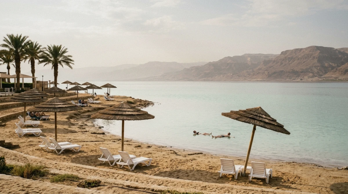 A resort beach on the Jordanian shore on a Dead Sea day trip from Amman