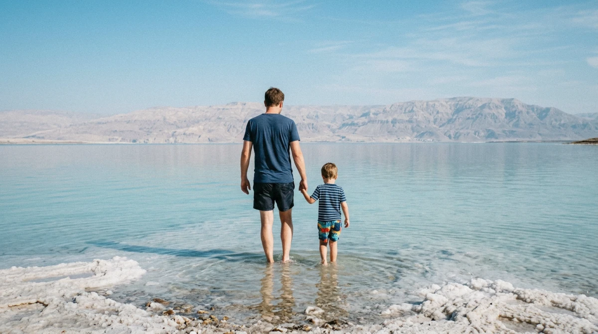 A parent and child standing in the shallow Dead Sea on a sunny morning, visiting the Dead Sea with kids