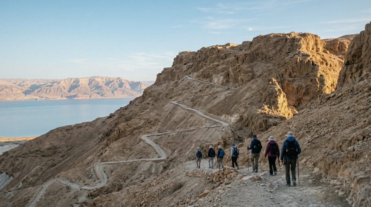 Hikers on the Snake Path up Masada with the Dead Sea behind, the walking way up