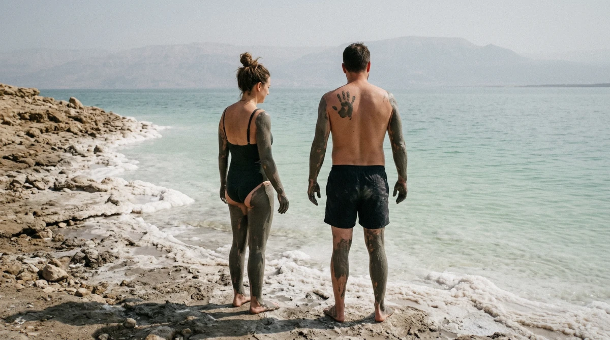 Mineral mud on the shore during a Dead Sea day trip from Jerusalem