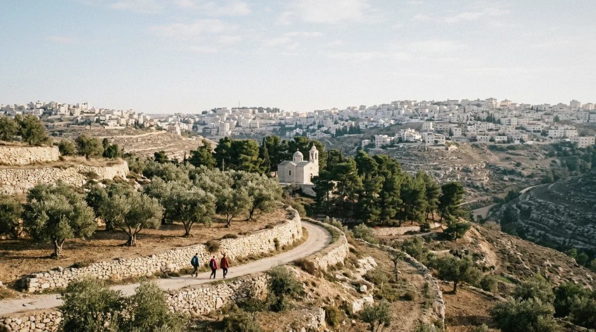 Olive terraces and the hills of Beit Sahour on a Bethlehem and Dead Sea tour