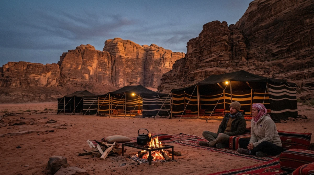 A Bedouin camp at dusk in Wadi Rum on a Petra, Wadi Rum and Dead Sea 2-day tour