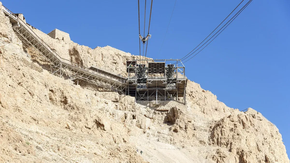The Masada cable car rising up the cliff on a Masada and Dead Sea tour from Tel Aviv